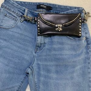 Black Leather Hip-pack, Waist Bag, phone holder with Silver Accents